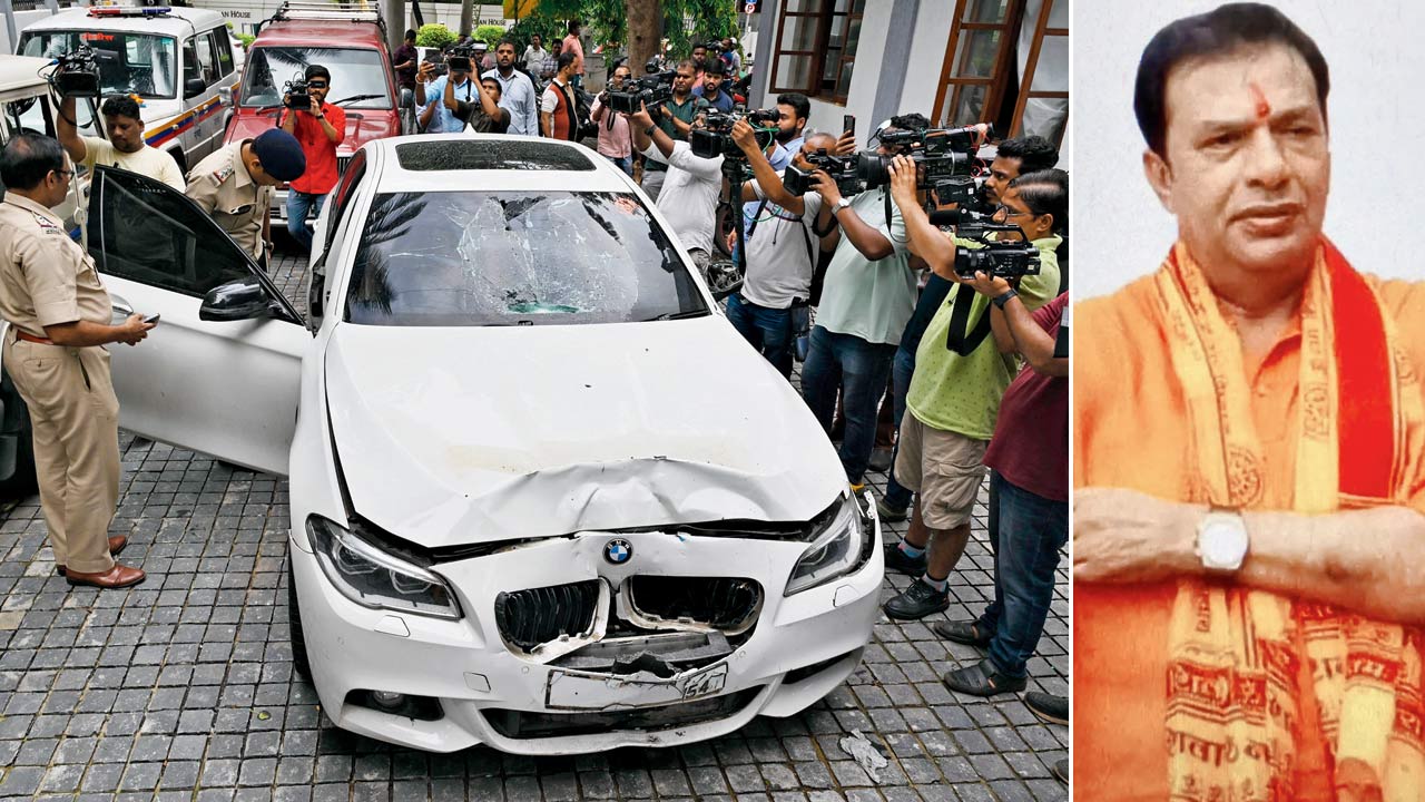 The BMW on the premises of the Worli police station on Sunday. Pic/Ashish Raje; (right) Shiv Sena leader Rajesh Shah, who has been detained by the police 