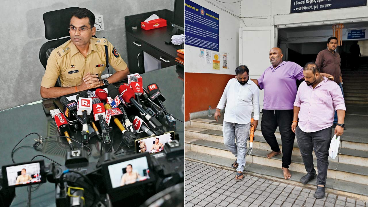 Krishnakant Upadhyay, DCP, Zone 3, addresses the media at Worli; (right) Pradeep Nakhawa (centre), husband of the deceased. Pics/Ashish Raje