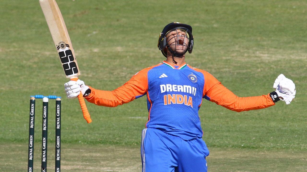 India's Abhishek Sharma celebrates his century during the second T20I against Zimbabwe at Harare Sports Club in Harare recently