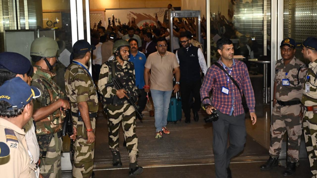 BCCI secretary Jay Shah and Rajeev Shukla exit the airport