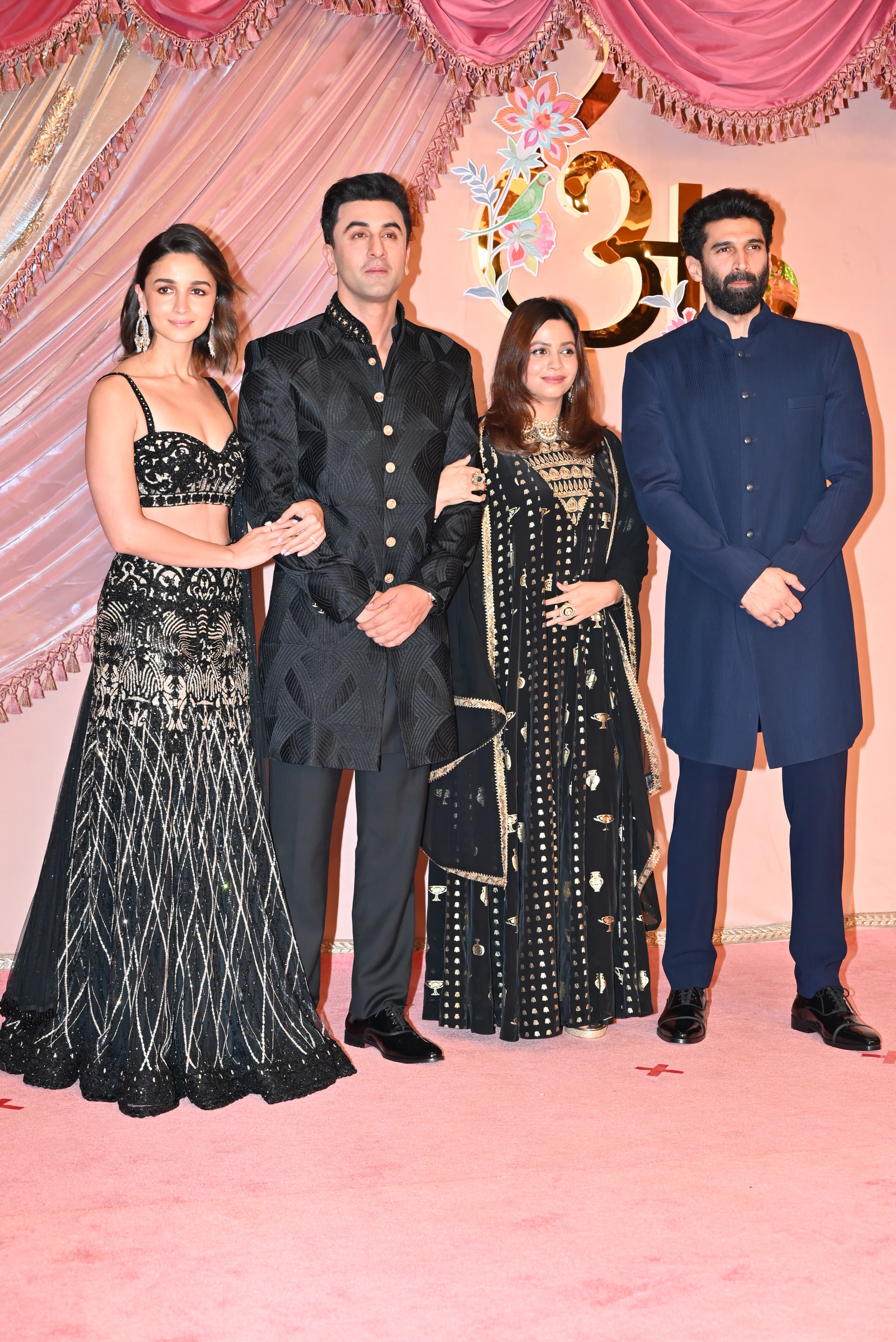 Power couple Alia Bhatt and Ranbir Kapoor arrived for the grand Sangeet night with Shaheen Bhatt and Aditya Roy Kapur. The foursome happily posed for the cameras before heading inside.