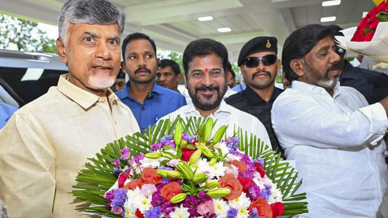 Andhra Pradesh Chief Minister N Chandrababu Naidu was accorded a grand welcome by his Telangana counterpart A Revanth Reddy in Hyderbad