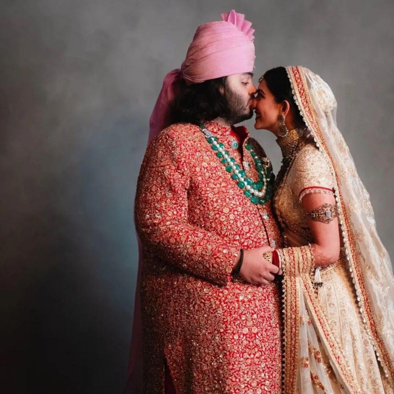 Inside photos of Anant Ambani and Radhika Merchant’s grand wedding have surfaced on social media, and for starters, we’re glued to this adorable frame that shows the groom planting a kiss on his bride’s nose. 