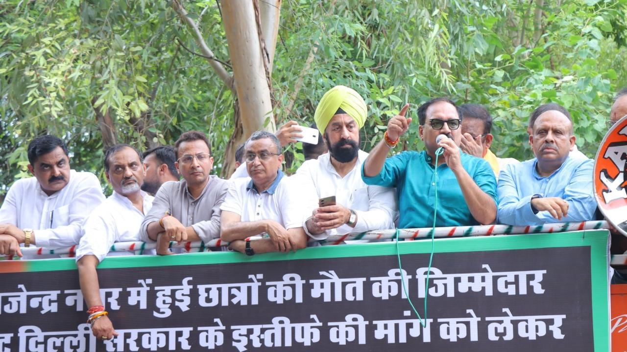 BJP workers On Monday staged a protest near the Aam Aadmi Party office in Delhi over the deaths of three civil service aspirants