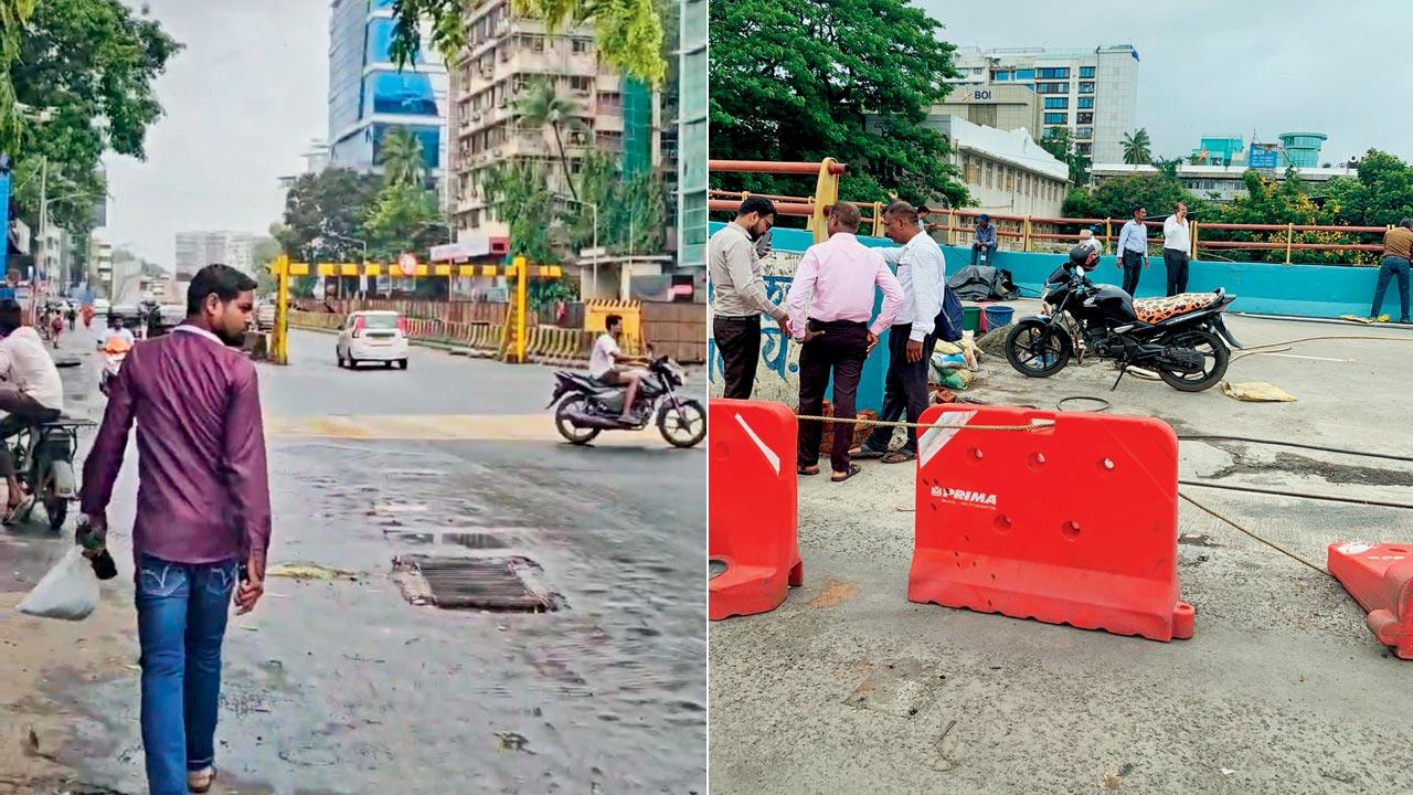 The height barrier installed to prevent access to heavy vehicles; (right) BMC barricaded the road again after it was opened by someone
