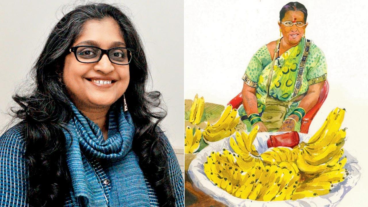 Zainab Tambawalla; (right) An illustration of a fruit seller by Tambawalla.  Pic Courtesy/Instagram