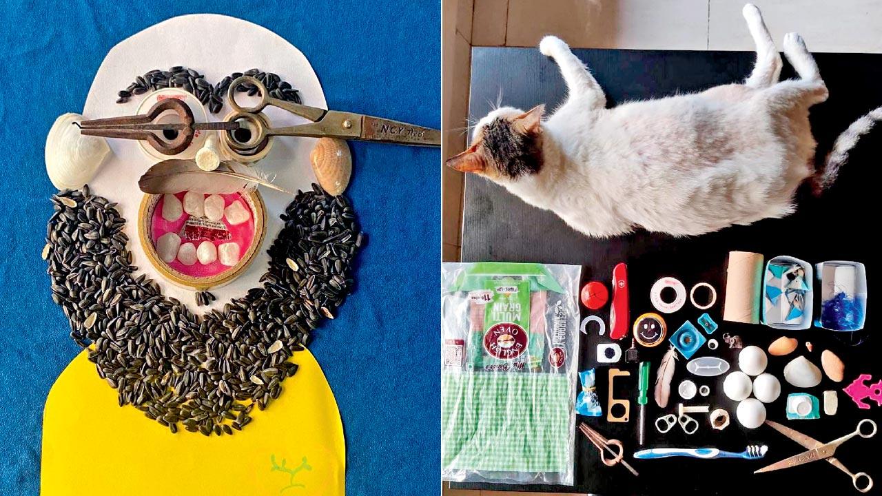 The self portrait was made with (right) objects like scissors, Jew harp, shells, buttons, and paper, among others 