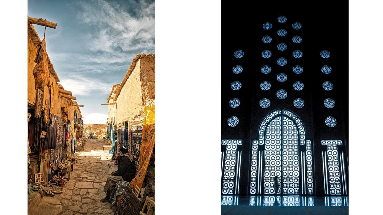 (From left) A photograph of a village in Morocco titled Biblical Town; a photograph by Balaporia of the trellis of the Hasan mosque in Casablanca titled Towering Trellis
