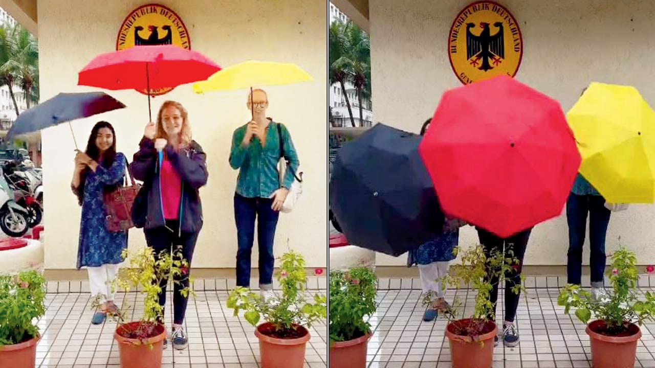 Officials of the German Consulate General Mumbai sport umbrellas matching the colours of the German National Flag. Pics Courtesy/X