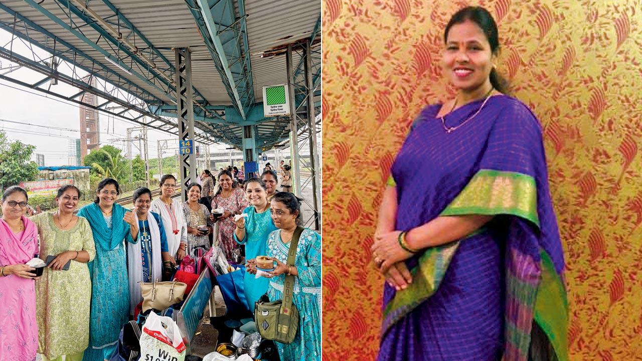 The women from the Wada Group meet at the Bandra railway platform to share a meal; (right) Lata Dhanawade