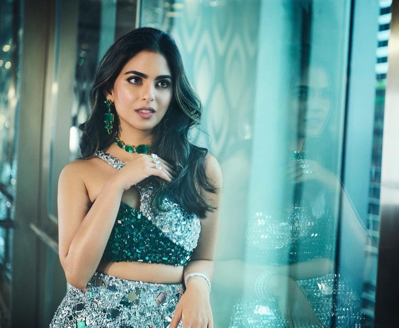 For the sangeet night in Mumbai, the Ambani heiress wore the gemstone to match her metallic-crusted sequin lehenga inspired by the classic combination of diamonds and emeralds.