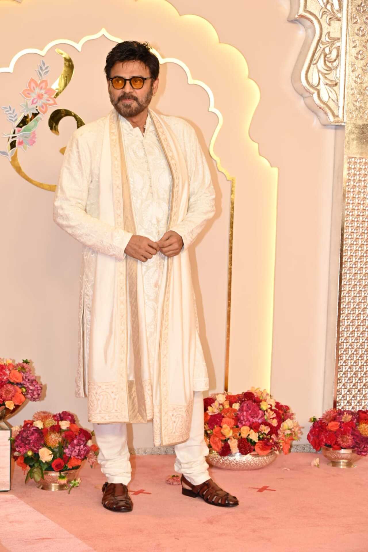 South star Venkatesh Daggubati arrives in a white sherwani for the wedding