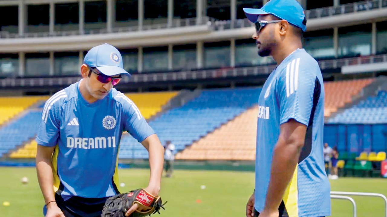 India head coach Gautam Gambhir (left) with Sanju Samson during a training session in Pallekele. Pic/PTI