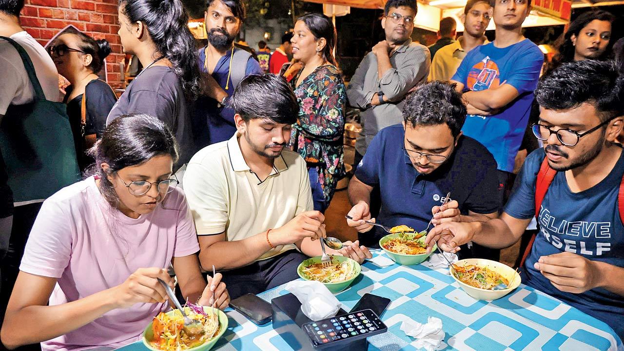 Patrons queue up for ramen bowl in Versova out of curiosity and because the stall has gained virality on social media. Pics/Shadab Khan