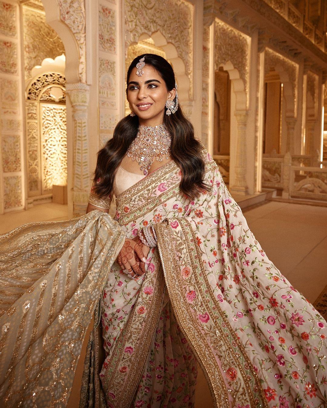 Stylist Anaita Shroff Adajania took to Instagram and decoded the look. She wrote, “Garden of Love.” Isha embodies the essence of love and celebration for her brother’s wedding day. We created this ensemble as her ode to a flourishing bond between the bride and groom and the love of a growing family.”