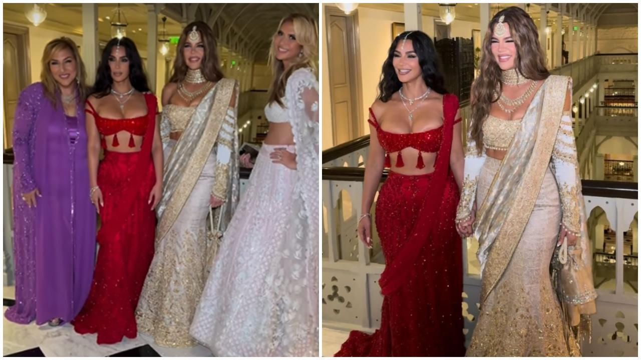 Kim Kardashian in glittery red lehenga-saree, Khloe Kardashian dazzles in gold at Radhika-Anant Ambani wedding