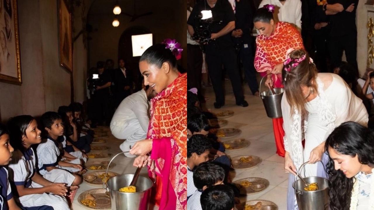 Kim and Khloe Kardashian serve food to children at Iskcon temple in Mumbai