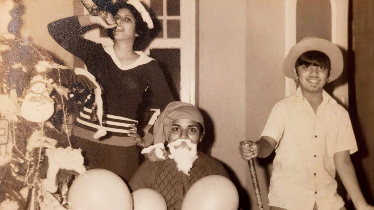 At an Xmas party in Matheran in the mid-1970s; Kiran in Santa cap with Kate behind