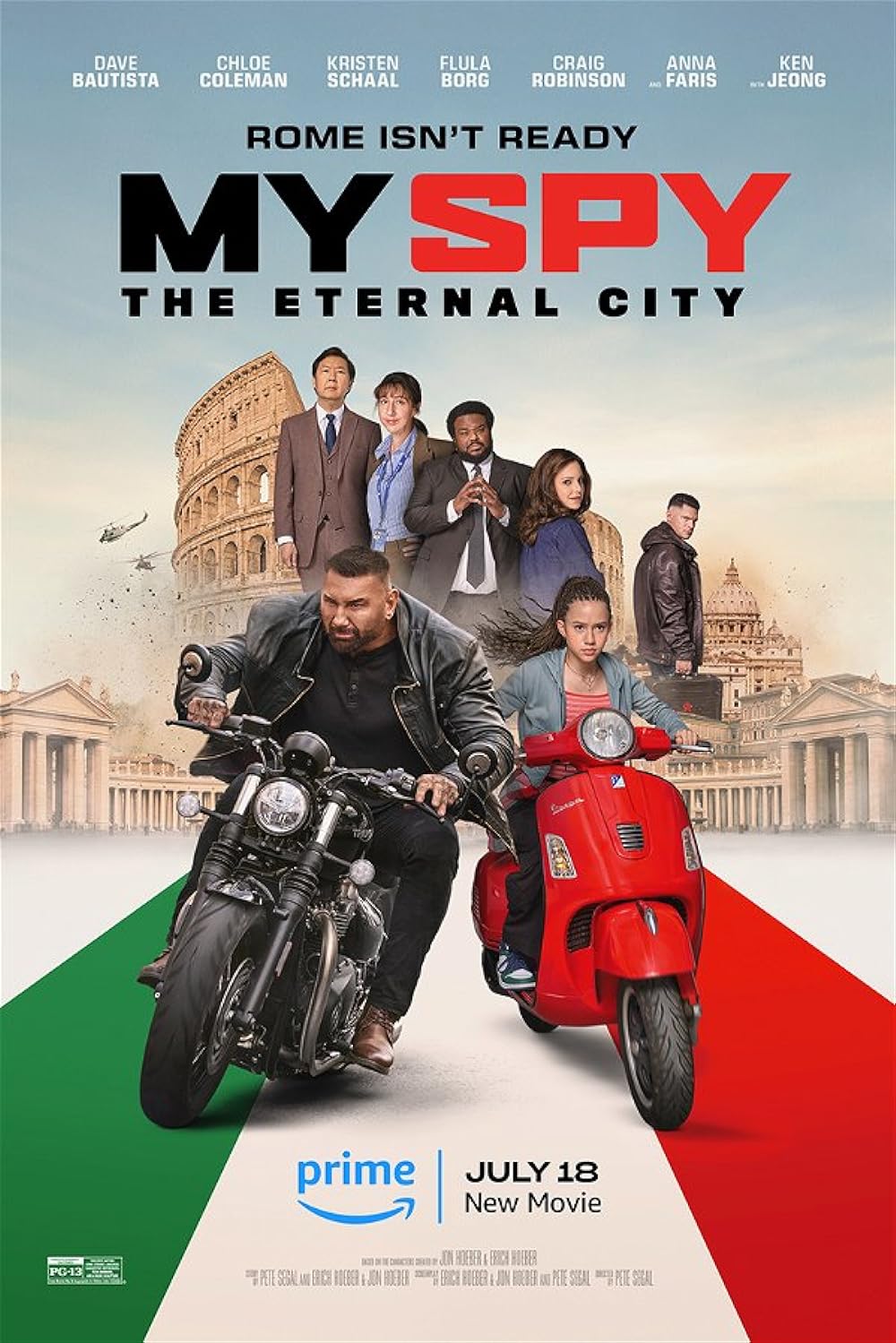 My Spy: The Eternal City (Prime Video, July 18)My Spy: The Eternal City reunites CIA operative JJ (Dave Bautista) and his teenage protégé Sophie (Chloe Coleman). Sophie persuades JJ to chaperone her high school choir’s trip to Italy, culminating in a performance for the Pope.