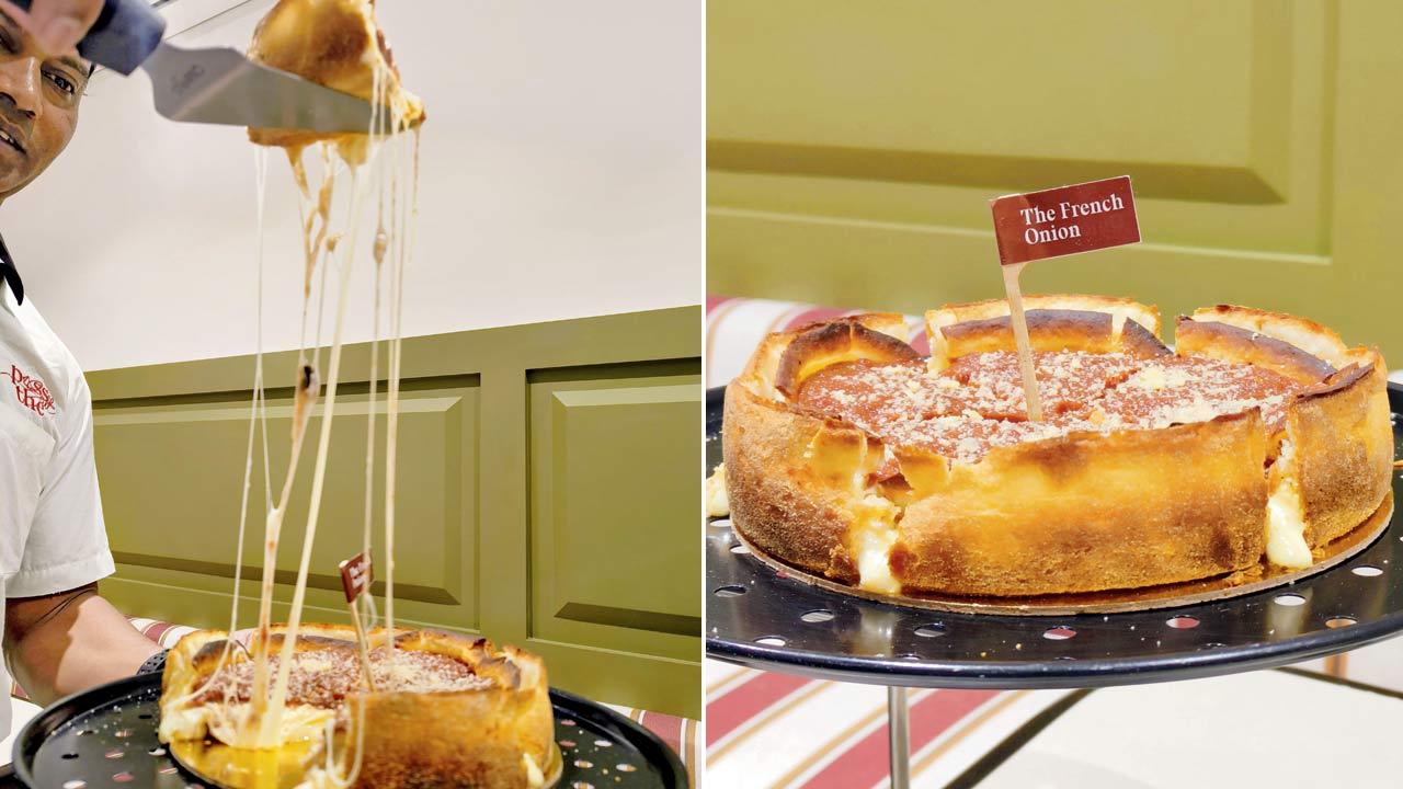 The reviewer opted for French onion from the options in Chicago style double crust deep dish pizza. Pics/Phorum Pandya