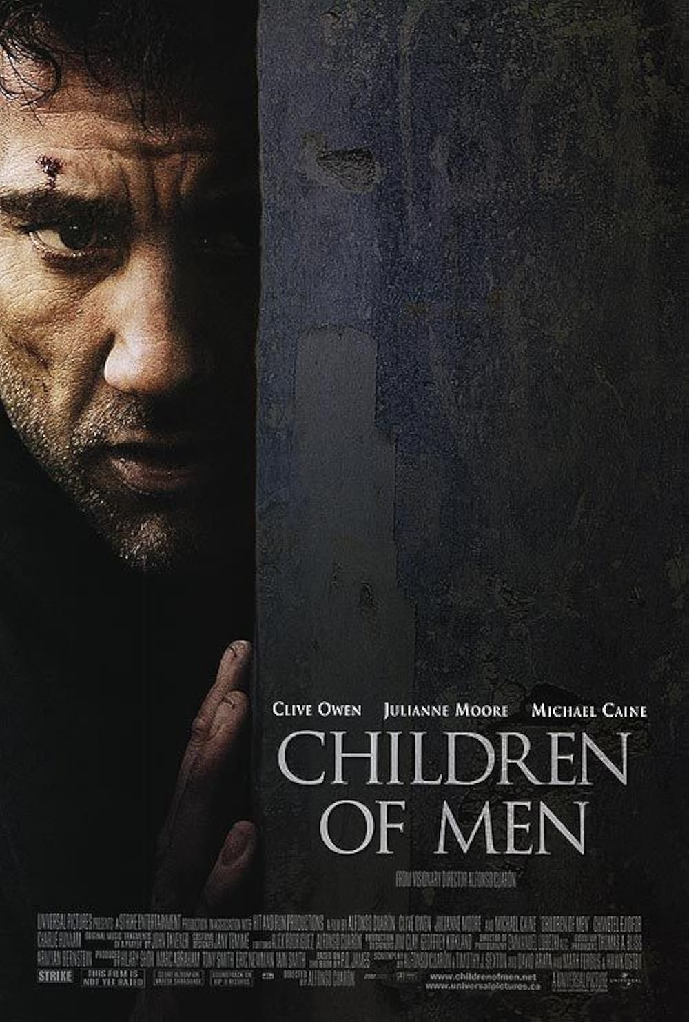 Directed by Alfonso Cuarón, Children of Men is a dystopian drama set in 2027, where infertility threatens humanity with extinction. Clive Owen stars as Theo Faron, a former activist. Julianne Moore, Chiwetel Ejiofor, Michael Caine, Charlie Hunnam, and Pam Ferris also feature in supporting roles.