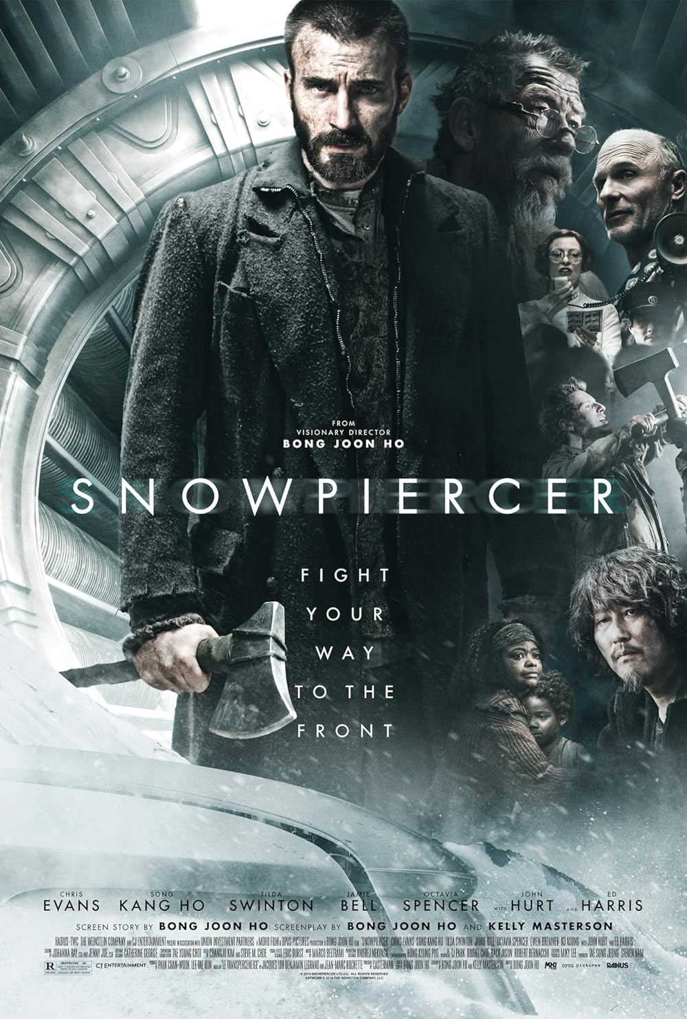 In 2031, the world is frozen, and the only survivors are on the Snowpiercer, a train racing around the globe. Inside, a society has formed with distinct classes and economies. Curtis (played by Chris Evans) leads a group of lower-class passengers living in harsh conditions at the back of the train. 