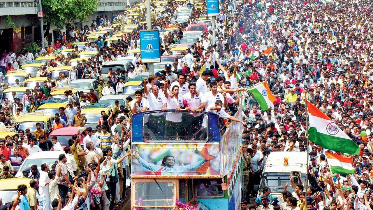 Before: The Mahendra Singh Dhoni-led 2007 World T20-winning Indian team during their open-top bus parade at Marine Drive 
