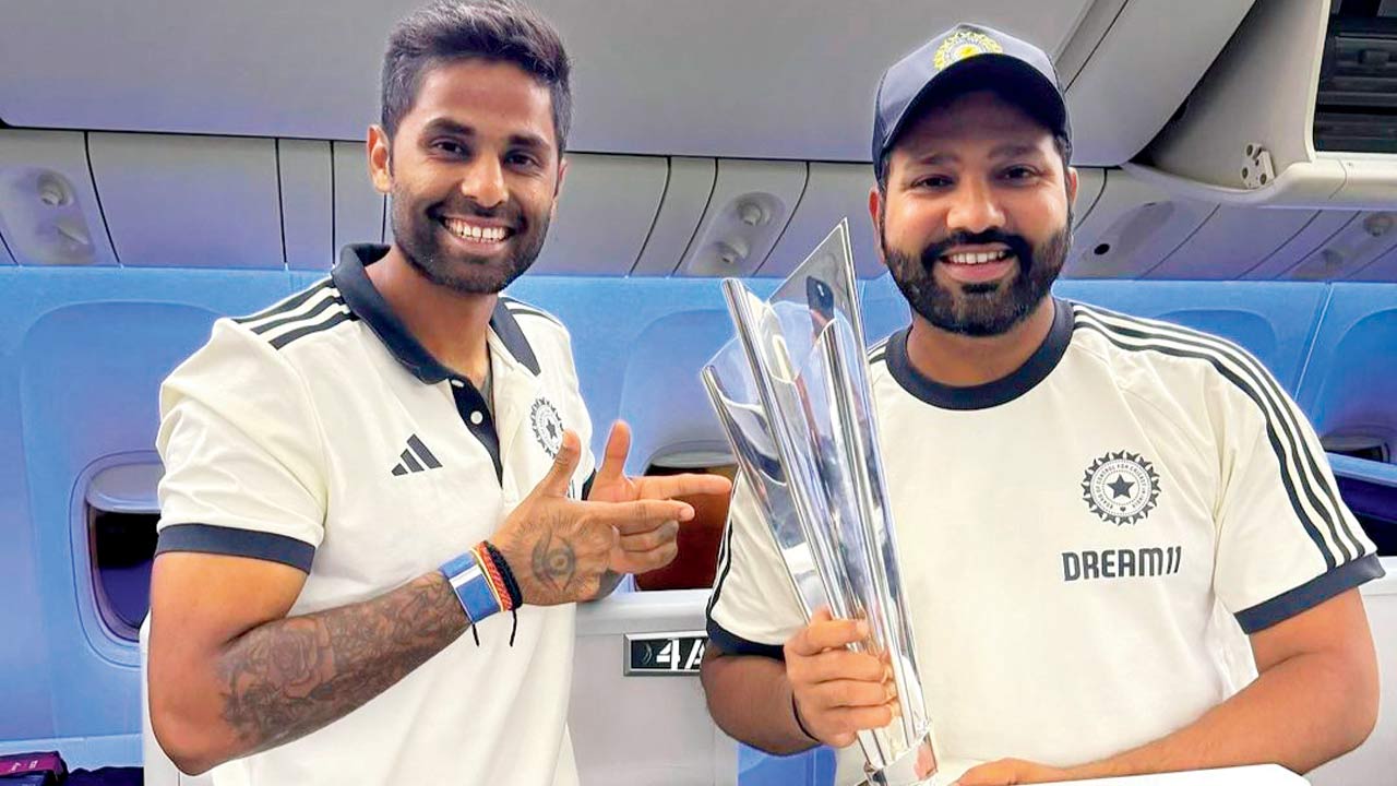 India captain Rohit Sharma posted this picture on social media with Suryakumar Yadav (left) aboard their flight home from Barbados 