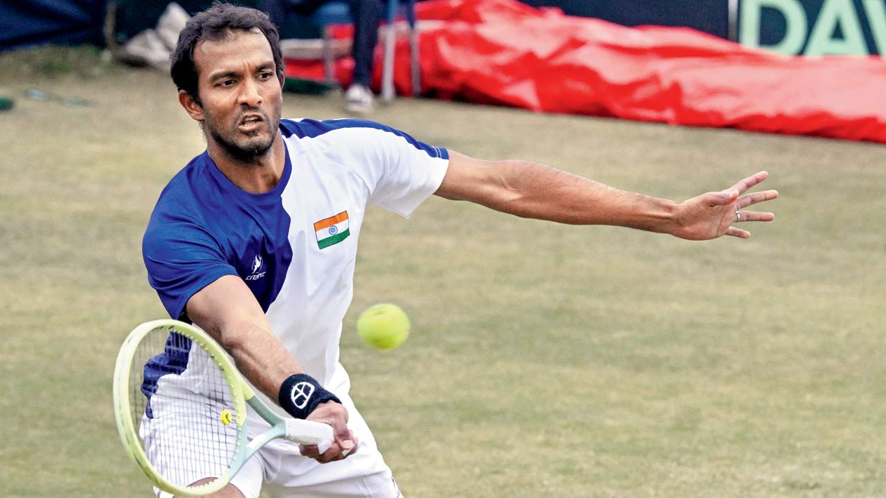 N Sriram Balaji during the Davis Cup tie against Pakistan. Pic/AFP