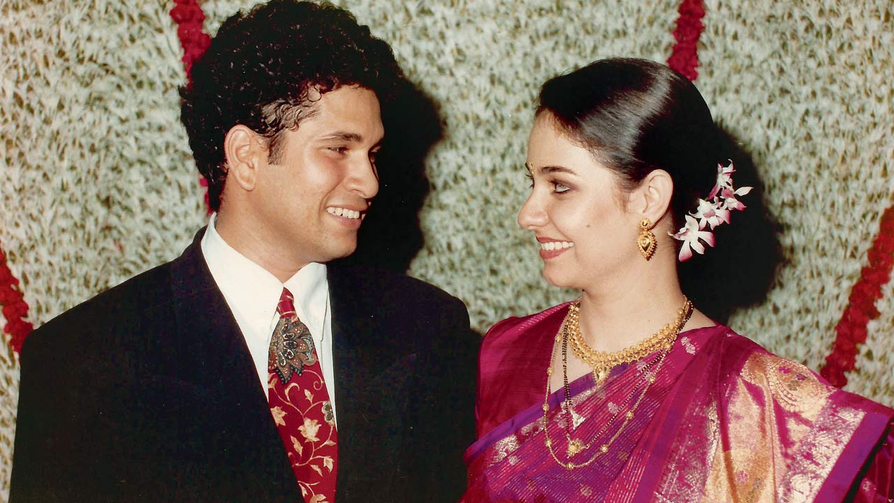 Anjali and Sachin at their wedding reception in May 1995