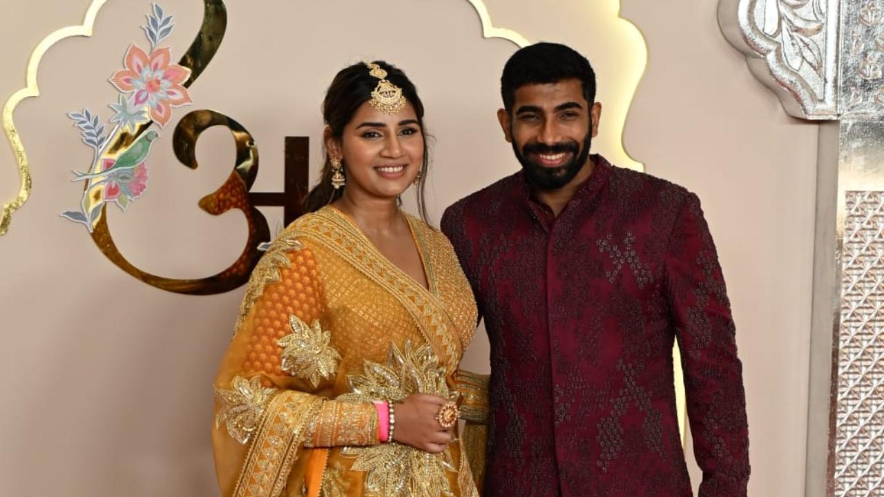 Team India's lead pacer Jasprit Bumrah along with his wife Sanjana made their appearance at the grand wedding event in Mumbai