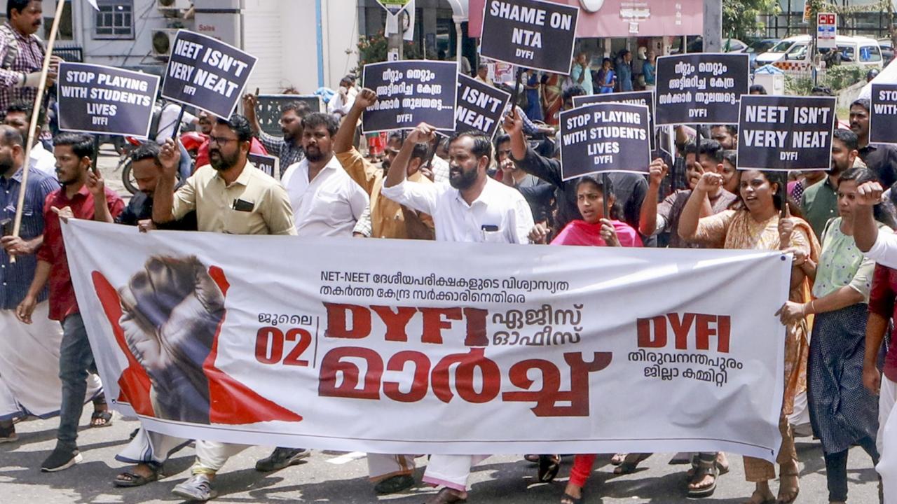 On Tuesday, the Democratic Youth Federation of India (DYFI), the youth wing of the ruling CPI(M) in Kerala, took out a march to the office of the Accountant General (AG) here in protest against the irregularities in the National Eligibility cum Entrance Test (NEET)