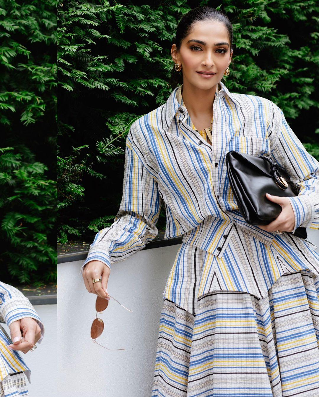 Styled by sister Rhea Kapoor, Sonam wore an outfit by Bottega Veneta featuring a cotton striped skirt and matching top. Her look was perfectly complemented by the sleek Tex Mule shoes in black, also from the Pre-Fall 24 collection. The cost of the outfit is over Rs 3 lakh. 
