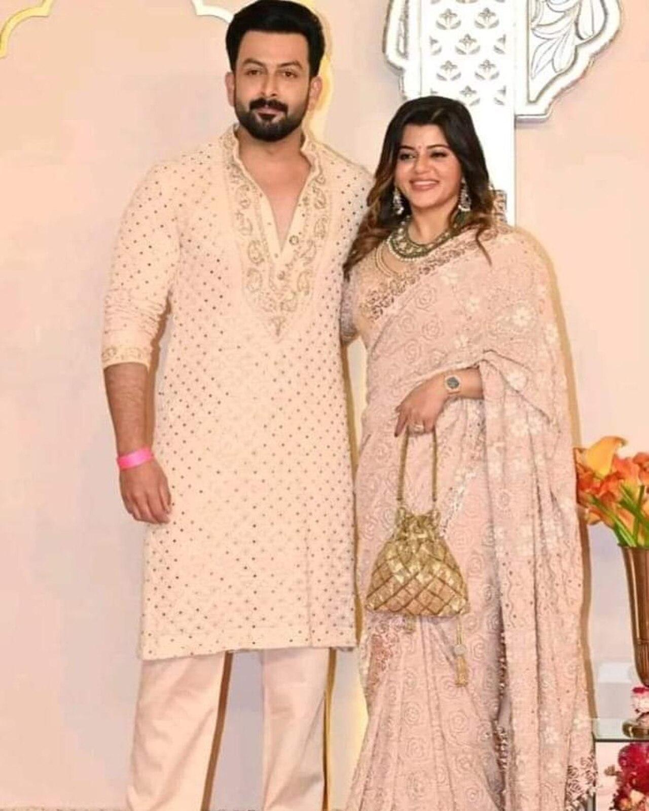 Prithviraj and wife Supriya twin in muted tones for the wedding