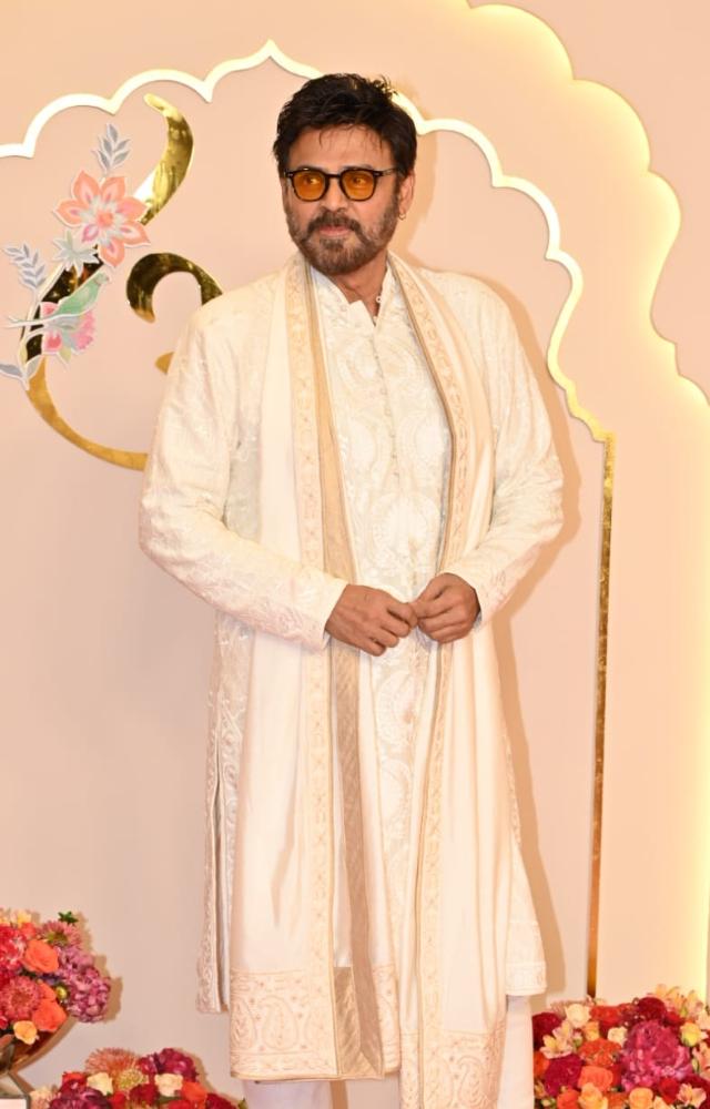 Telugu star Daggubati Venkatesh made a rare appearance in a white sherwani set. 
