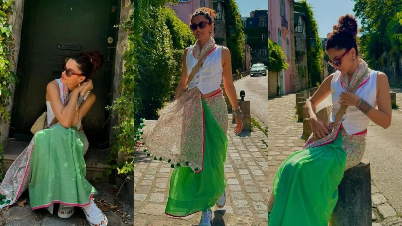 Taapsee Pannu wore a lime green saree, paired with a white top, a scarf, and sneakers as she walked around the premises where the Paris Olympic games were held. Read more