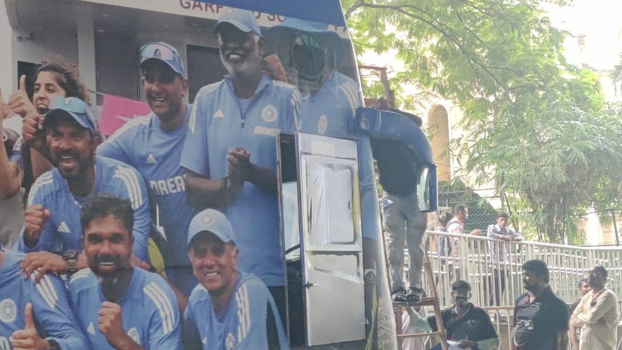 The visuals of a bus being prepared for the roadshow emerged online wherein some men could be seen covering the bus in decal of 'Men in Blue'.