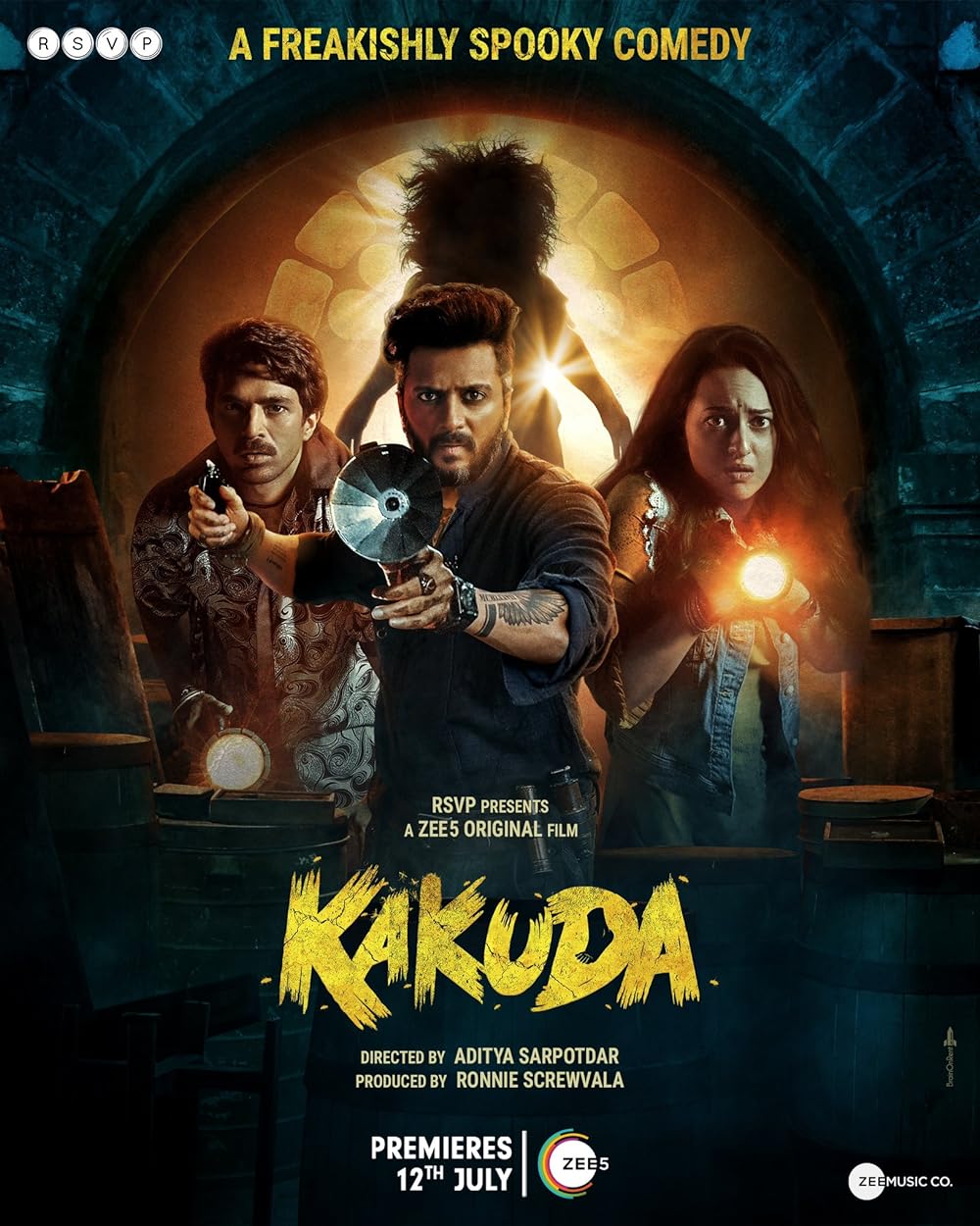 Kakuda (12 July 2024, ZEE5)  This horror comedy, starring Sonakshi Sinha, Riteish Deshmukh, and Saqib Saleem, is directed by Aditya Sarpotdar. Set in the village of Ratodi in Uttar Pradesh's Mathura district, Kakuda will be released on ZEE5 on July 12.