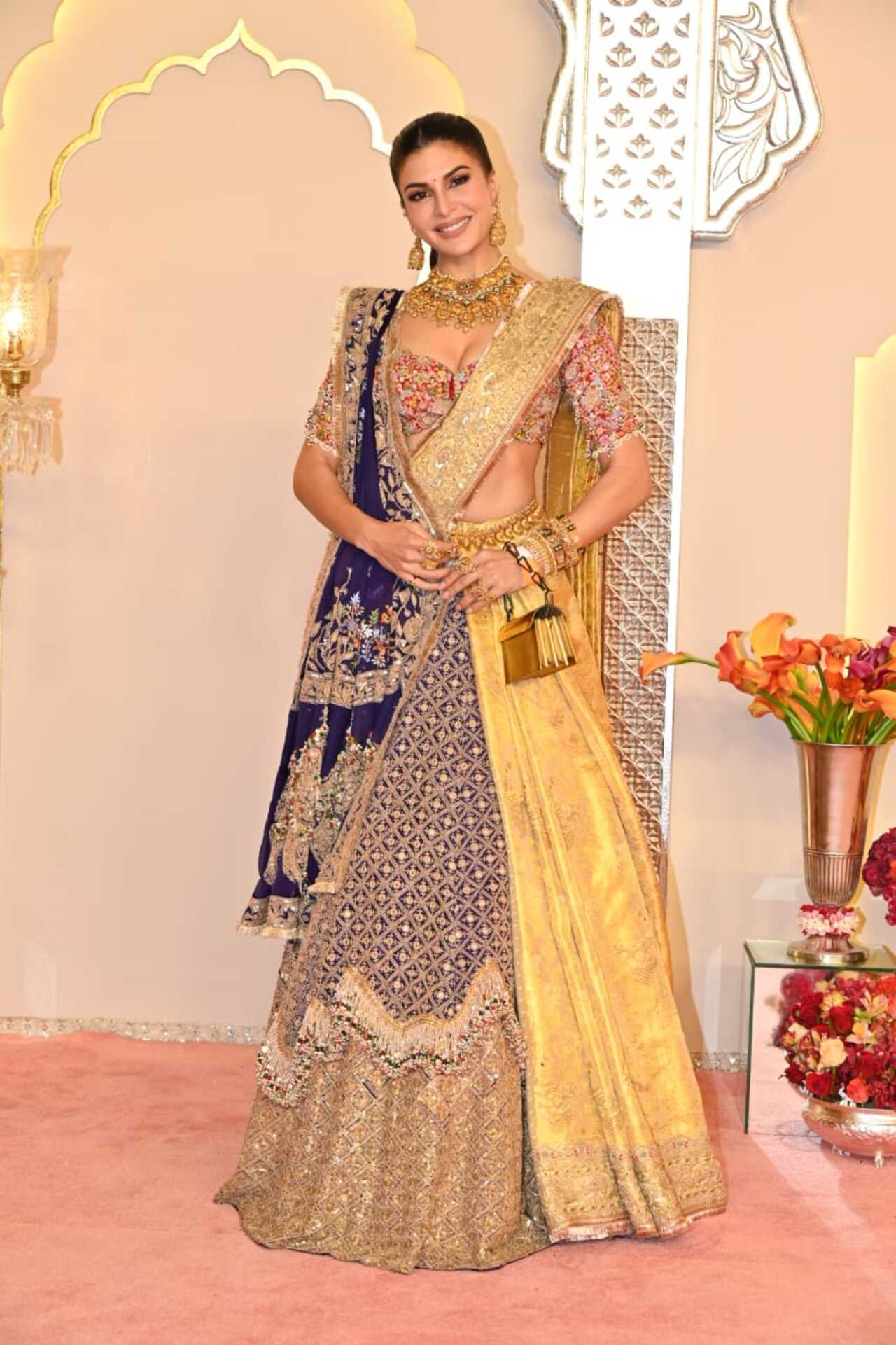Jacqueline Fernandez wore a heavily embroidered lehenga to attend Anant and Radhika's wedding 