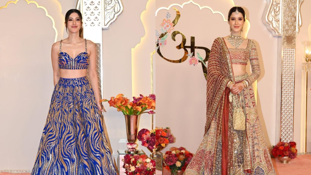 Shanaya Kapoor was also a part of Anant's brigade in a dark blue shimmery lehenga. Her second look was a bespoke beige lehenga with a hint of red and blue. 