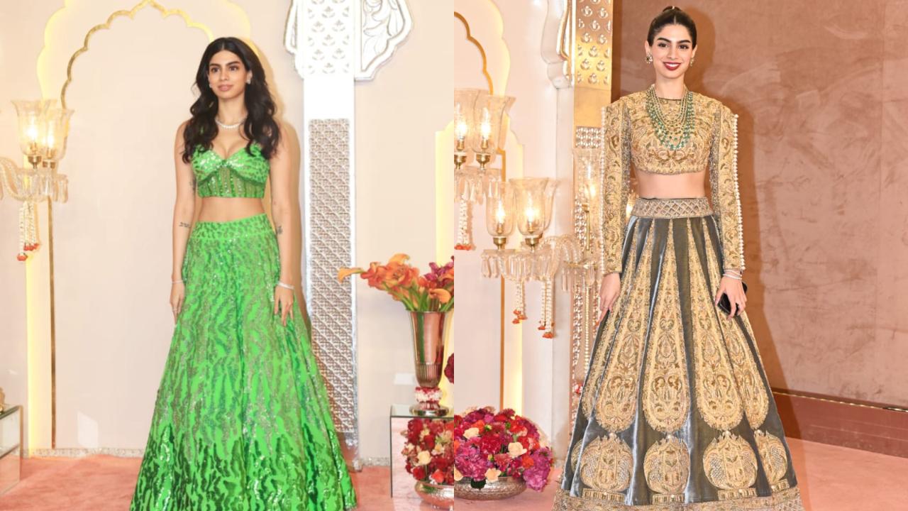 Janhvi's sister Khushi Kapoor was seen in a parrot green outfit for the baarat. She switched to a full-sleeves golden and grey lehenga later. 