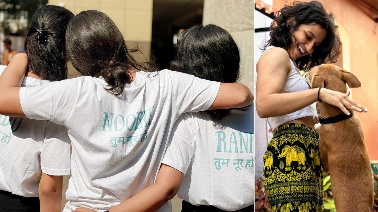 The team with tee-shirts named after some of the rape victims; (right) Shai Divan with a dog