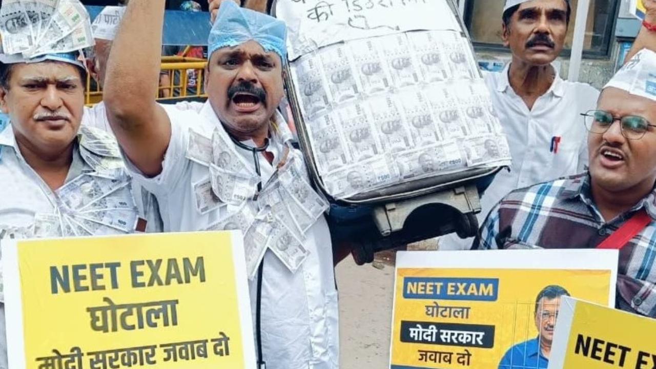 The protest was part of the party's nationwide agitation against the alleged irregularities in the NEET examination, the AAP said
