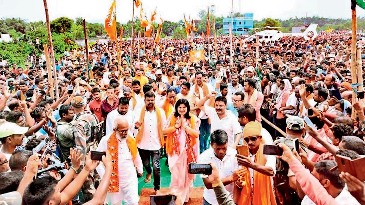 BJP candidate from the Bhubaneswar Lok Sabha constituency, Aparajita Sarangi, on the campaign trail. Pic/X 