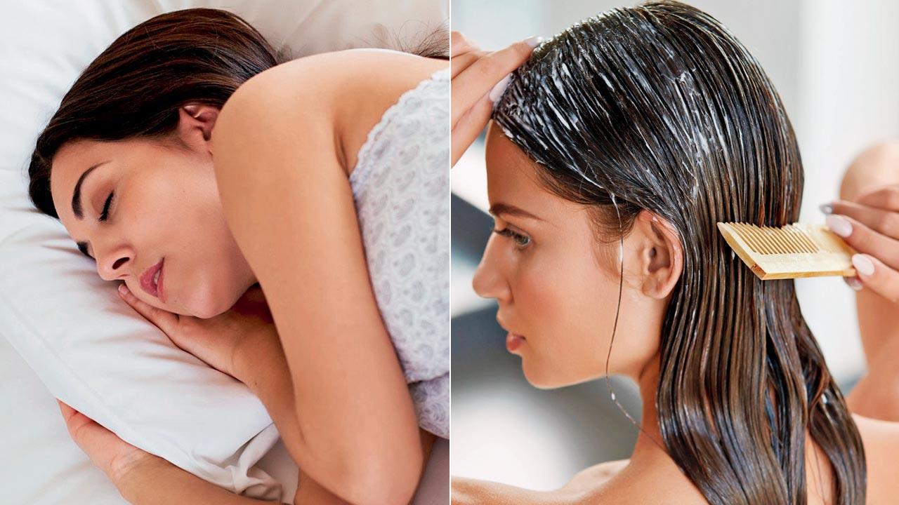 Hair braiding at nighttime is a good idea especially for those with wavy hair; (right) deep-condition your hair to prevent dryness