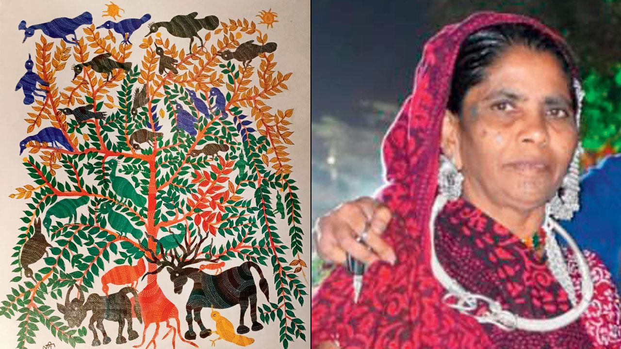 A Bhil-style canvas titled Tree of Life animals by (right) Ladobai depicts natural harmony