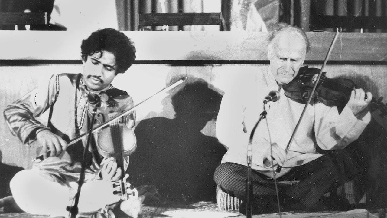 Dr L Subramaniam with Lord Yehudi Menuhin performing his raga-based composition ‘Journey’ at the United Nations, New York