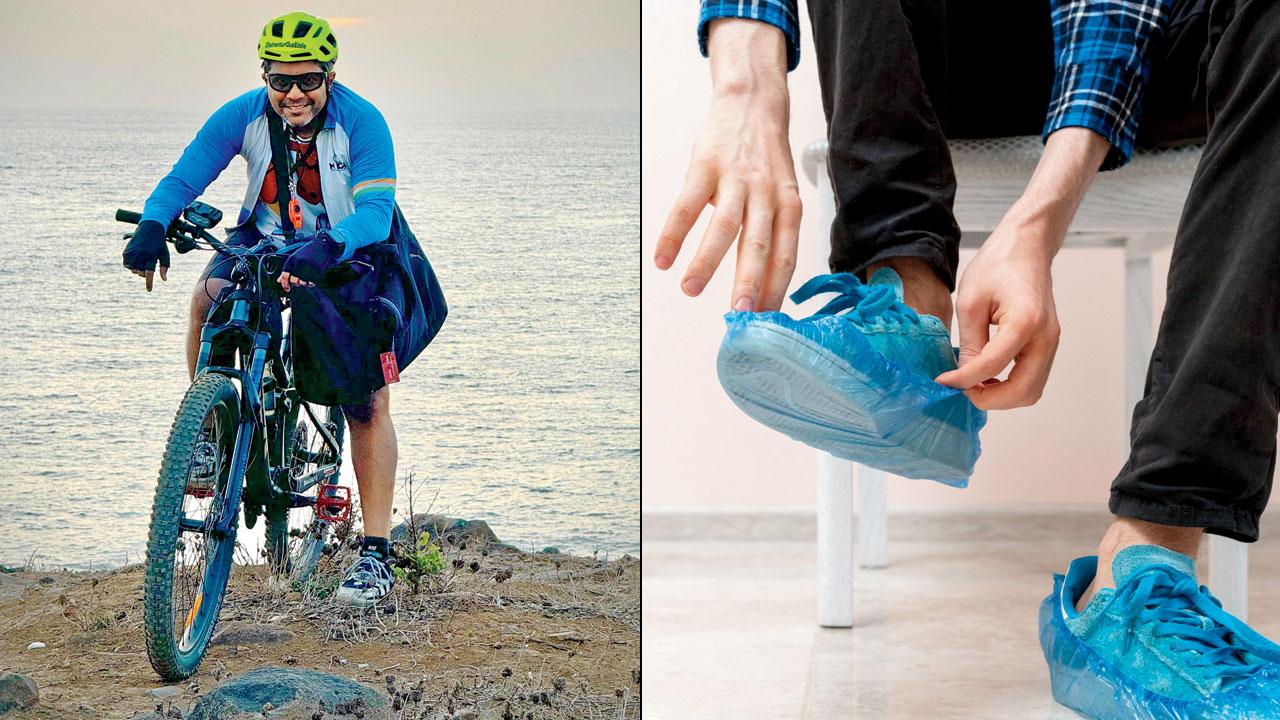 Edward Pinheiro suggests wearing wind cheaters and overshoes (right) to help keep yourself dry and warm