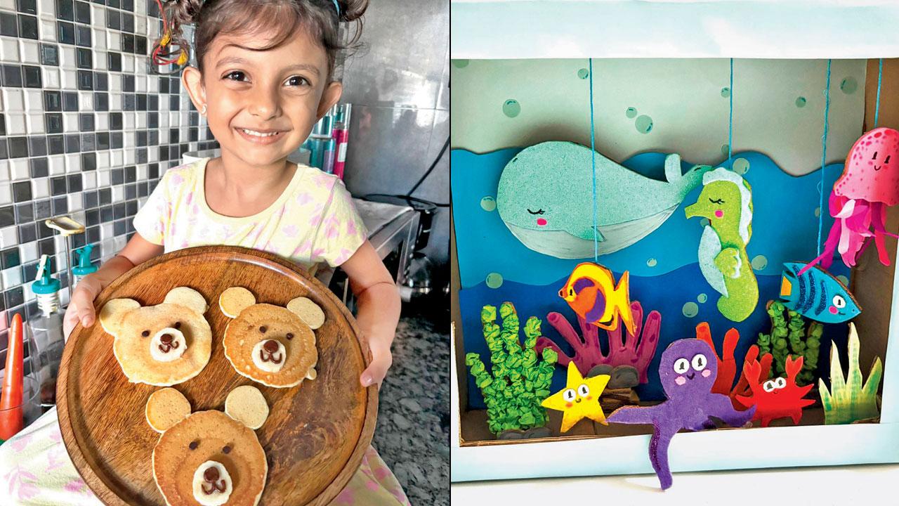 Kyrah with her bear pancakes (right) a DIY aquarium 