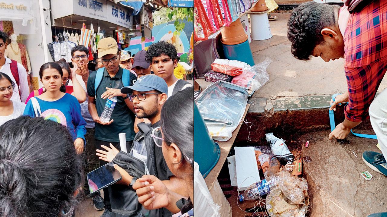 (From left) The group debates points during the walk; a student measures the gap between the footpath and the road beside a blocked manhole